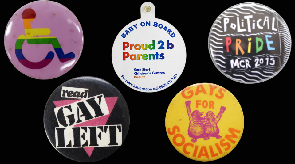 Image of Proud 2B Parents windscreen sign, MCR Political Pride badge, Regard badge, Gays for Socialism badge and Read Gay Left badge