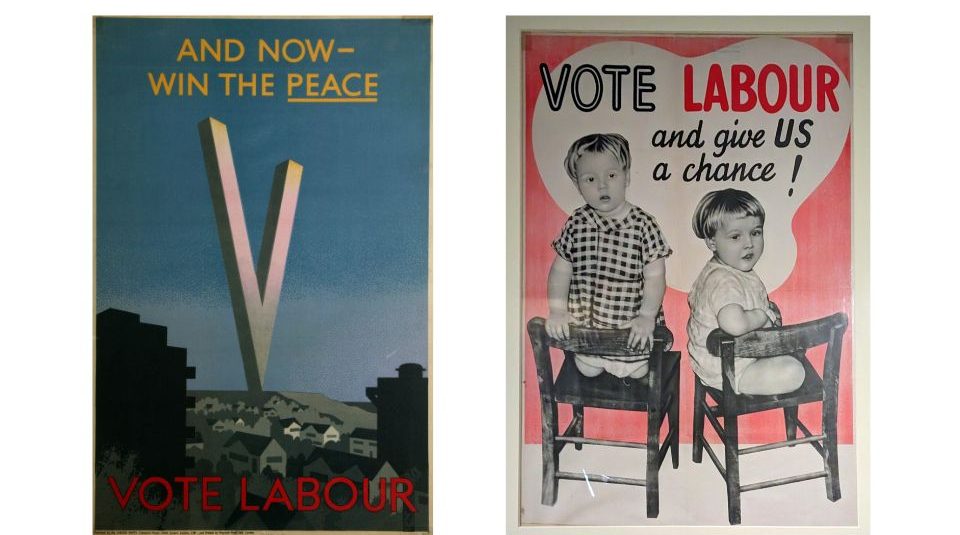 Image of Left to right - A poster of the letter V. The text reads And Now Win The Peace and A vote Labour poster with a photo of two young children.