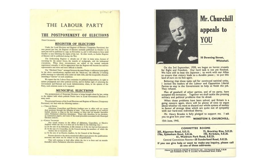 Left to right - A black and white paper leaflet. The text reads The Labour Party – The Postponement of Elections and A paper flyer with a black and white headshot. The text reads Mr. Churchill appeals to YOU.
