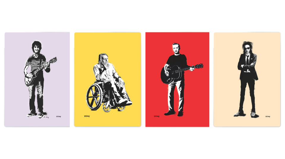 Image of Black and white stencils of 4 music icons on colorful backgrounds