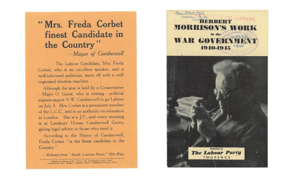 Left to right - An orange flyer with black text which includes Mrs Freda Corbet finest Candidate in the Country and a pamphlet with a black and white portrait photograph.