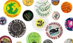 Image of A selection of protest badges with diverse messages, including anti-war sentiments, support for women's rights, opposition to nuclear weapons, and campaigns against racism and other social issues.