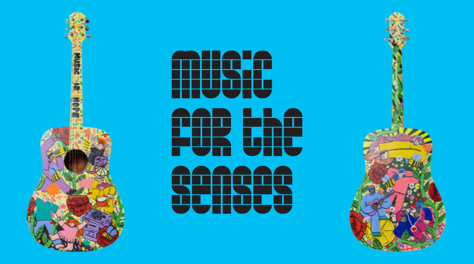 Image of Two colourful guitars. The text reads Music for the senses