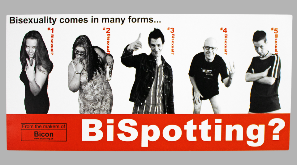 Image of Leaflet reading ‘BiSpotting?’ with images of five people labelled one to five, each with the word ‘Bisexual?’. Above the image reads ‘Bisexuality comes in many forms’.