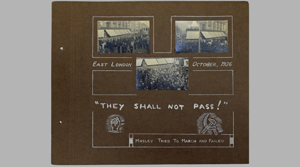 Image of Three photos of Cable Street on brown scrapbook page with hand drawn hammer and sickle, and raised fist. Captioned ‘East London October 1936. “They shall not pass!” Mosley tried to march and failed’.