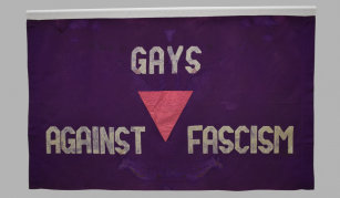 Image of A purple banner with white writing declaring 'Gays Against Fascism' which surrounds a pink triangle.