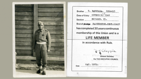 Image of Left to right a black and white photo and a printed membership card.