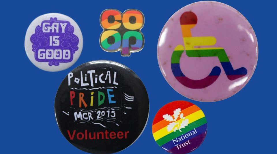 Image of Five colourful badges. Text includes National Trust, Co op and Gay is Good