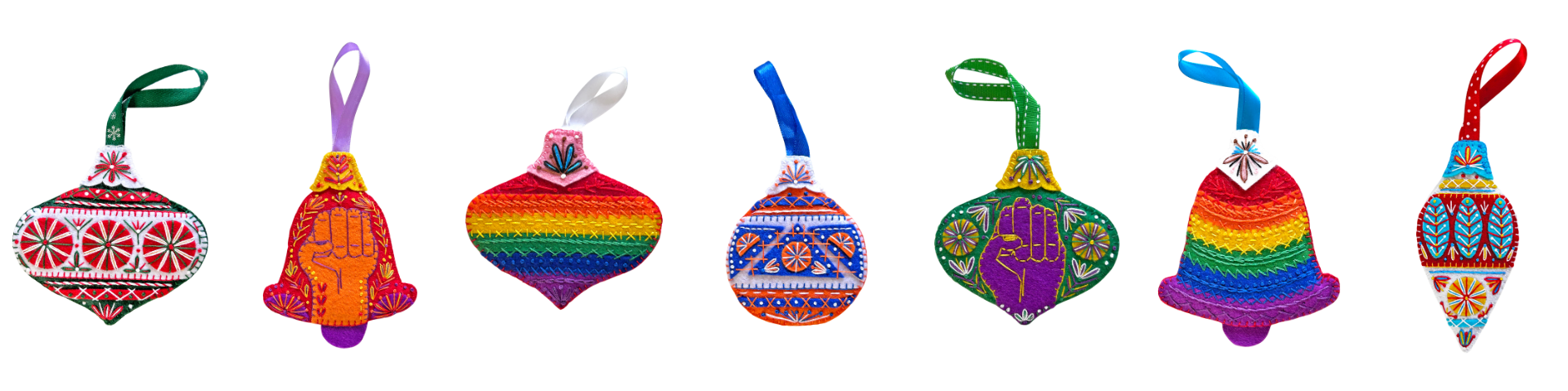 Colourful Christmas tree decorations made of felt and stitched designs