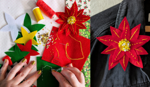 Image of Hands sewing a brightly coloured felt brooch on the left and the finished brooch pinned to a dark denim jacket on the right