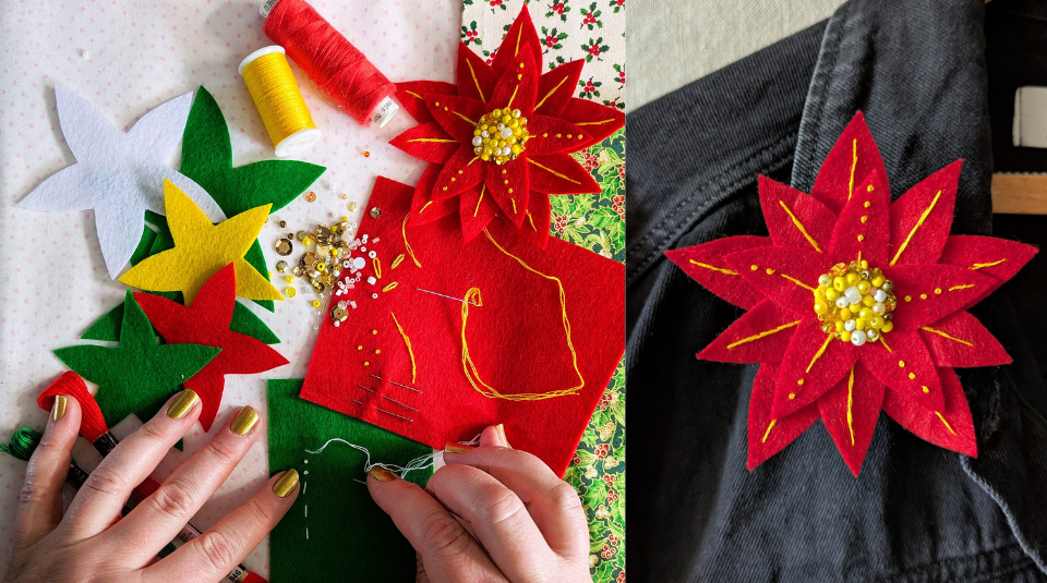 Image of Hands sewing a brightly coloured felt brooch on the left and the finished brooch pinned to a dark denim jacket on the right