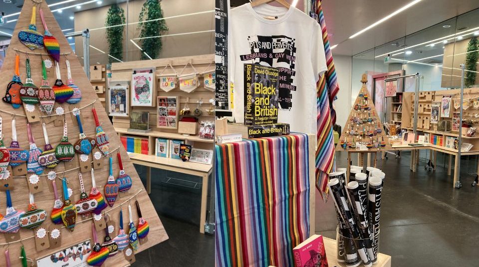 Image of Christmas shop displays in a museum foyer