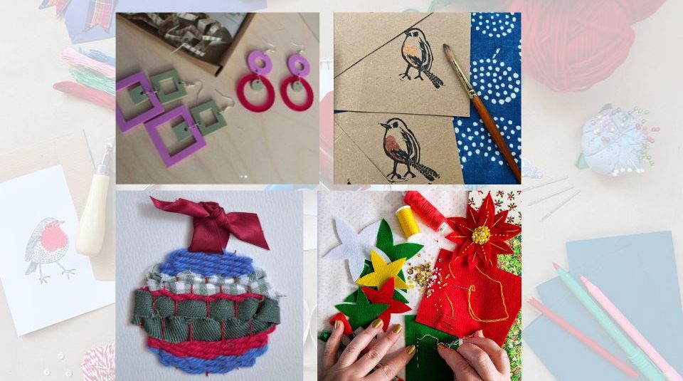 Image of Handmade earrings, woven card, lino printed tags and felt decorations
