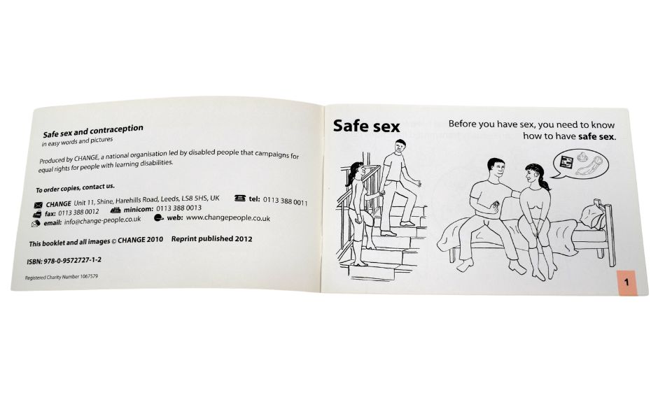 Safe Sex and Contraception in Easy Words and Pictures’ booklet, around 2020 . NMLH.2024.34.3. An open booklet. The text includes Safe sex and contraception