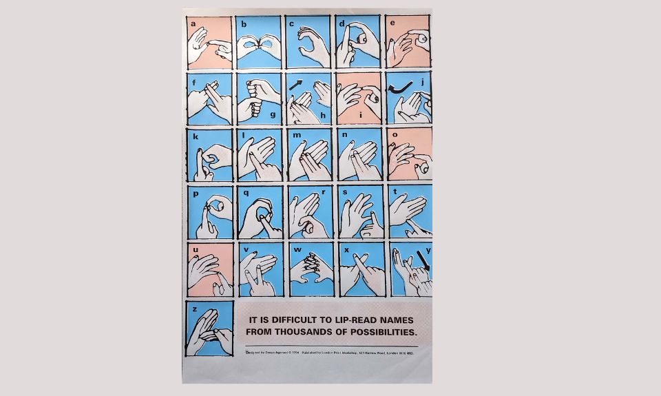 It is difficult to lip read names poster, 1994. NMLH.2025.37.139 A pink and blue poster with illustrations of hands signing the alphabet