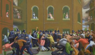 Image of A painting of people and police, some with truncheons, outside a building