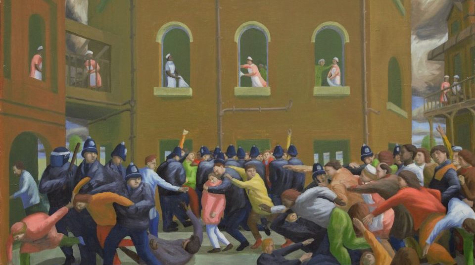 Image of A painting of people and police, some with truncheons, outside a building