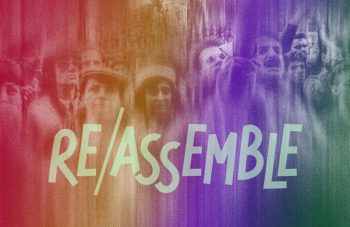 Image of A photo of a crowd in Manchester Albert Square. The text reads Re/Assemble