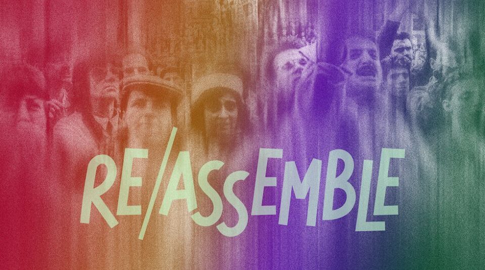 Image of A photo of a crowd in Manchester Albert Square. The text reads Re/Assemble