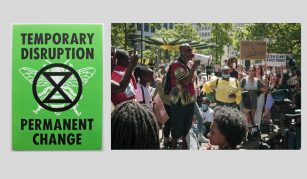 Image of Leaflet produced by Extinction Rebellion with their ‘XR’ logo over a white 'Manchester Bee'. Above and below reads 