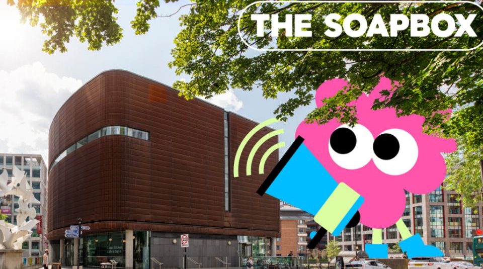 Image of Photograph of a corten steel and glass building with a superimposed pink character holding a blue megaphone