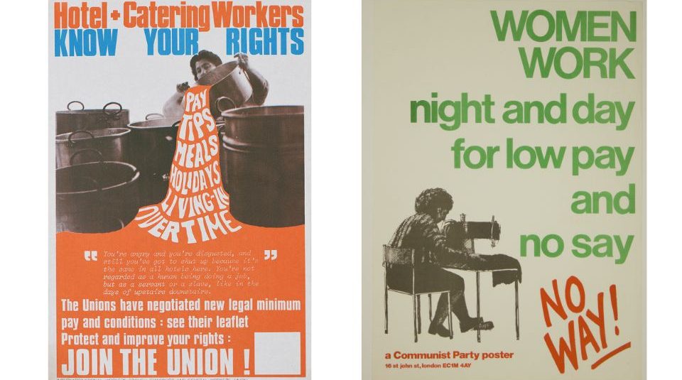 Image of A poster including a photograph of a person pouring water from large pans. The text includes Know Your Rights. A poster with green text and an illustration of a person sat at a sewing machine.