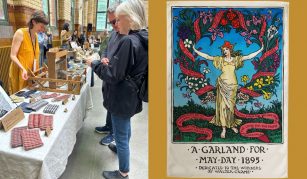 Image of Two people shopping from a seller at an indoor mark stall & a colourful poster. Text includes A Garland For May Day 1985