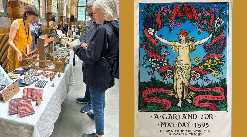 Image of Two people shopping from a seller at an indoor mark stall & a colourful poster. Text includes A Garland For May Day 1985