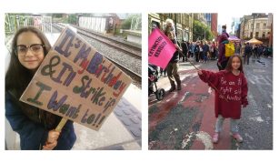 Image of Left image is a child holding a flag. The text on their clothing reads, Be on the right side of history and right side image is a child holding a placard. The text reads, It's My Birthday & I'll Strike if I Want to!!