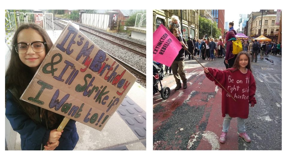 Image of Left image is a child holding a flag. The text on their clothing reads, Be on the right side of history and right side image is a child holding a placard. The text reads, It's My Birthday & I'll Strike if I Want to!!