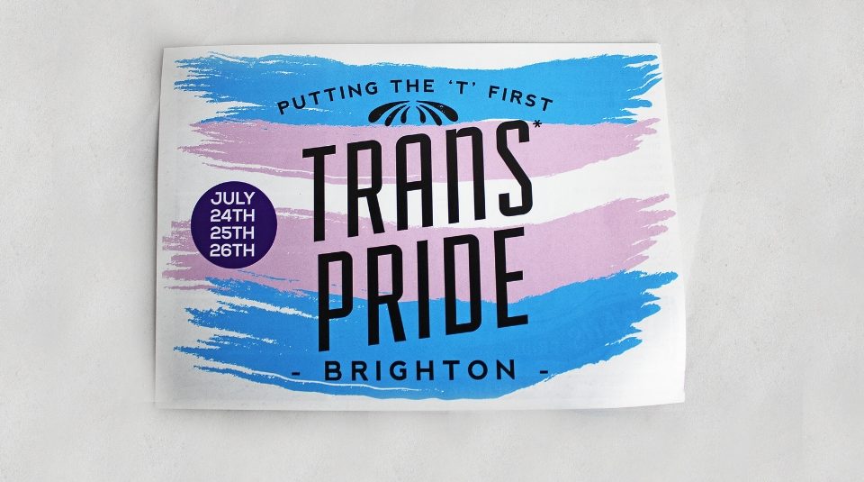 Image of Trans Pride leaflet with the blue, pink and white horizontal stripes of the trans in the background. Black text, ‘PUTTING THE 'T' FIRST, TRANS PRIDE BRIGHTON'. On the left side is a purple circle with white text, 'JULY 24TH 25TH 26TH'.