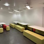 Picnic tables with stools and bench seating