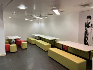 Picnic tables with stools and bench seating