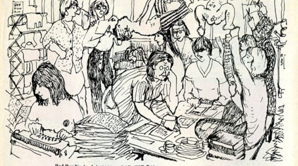 Image of Black line drawing of a room with several people doing different tasks including reading, writing, and typing, with children hanging from the ceiling and laundry hanging in the background.