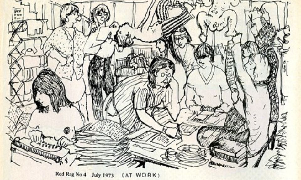Image of Black line drawing of a room with several people doing different tasks including reading, writing, and typing, with children hanging from the ceiling and laundry hanging in the background.