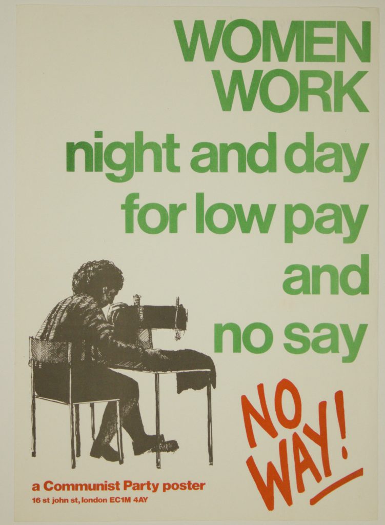 A poster depicting a woman working on a sewing machine with the words 'Women work night and day for low pay and no say. No way!'