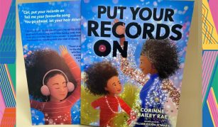 Image of A colourful book back and front cover with illustrations of a child and adult with long curly hair, including text: 'Put Your Records On'.