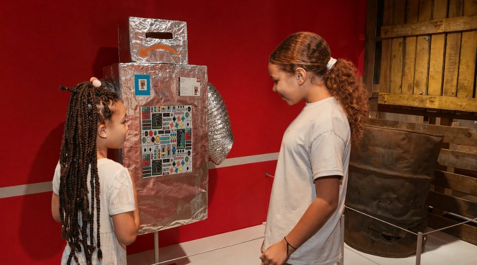 Image of Photograph of two children in a gallery, interacting with a homemade robot model made from cardboard and covered in aluminum foil, decorated with colourful stickers and buttons.