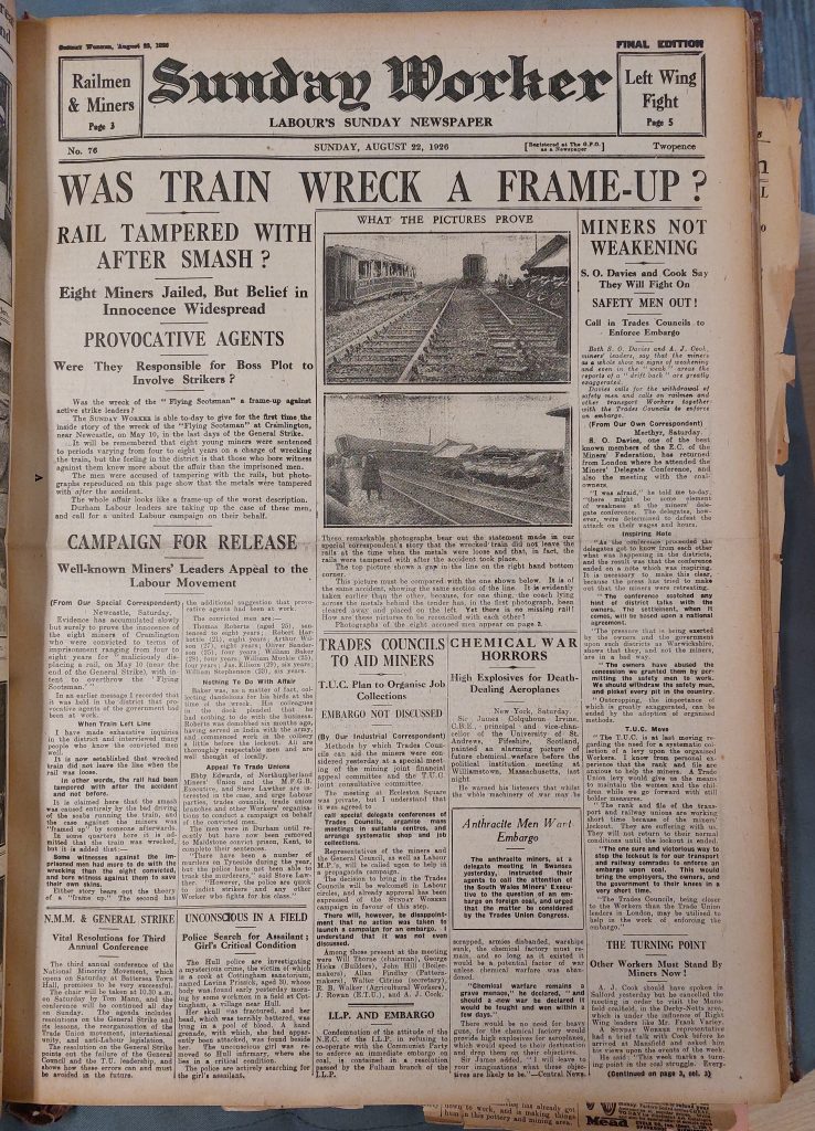 Front page of the 'Sunday Worker' newspaper, including headline text: 'Was Train Wreck A Frame-Up?