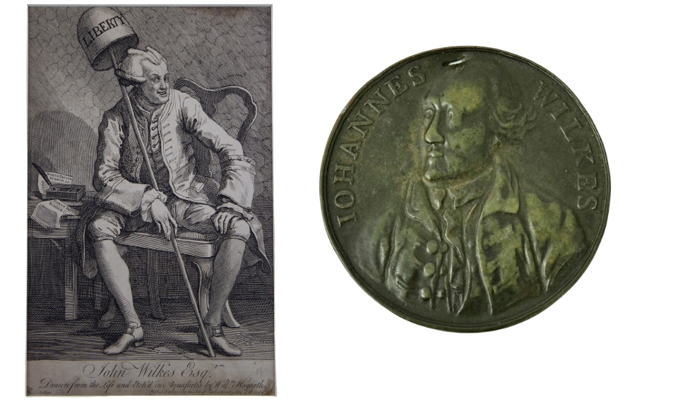 An engraving and a medal both depict John Wilkes. The engraving shows Wilkes seated with a liberty cap on a pole behind him, while the medal features a raised profile portrait with the inscription: ‘JOHANNES WILKES’.