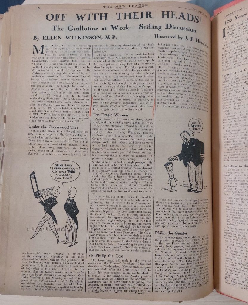 ‘Off With Their Heads!’ article by Ellen Wilkinson for 'The New Leader' newspaper, 7 December 1927. Image courtesy of People's History Museum. Newspaper page with black text including the headline: 'Off With Their Heads!'.