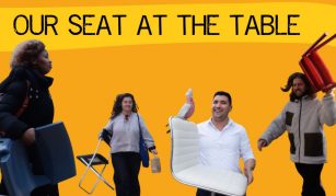 Image of Photograph of four people each carrying a different type of chair against a solid orange background with text 