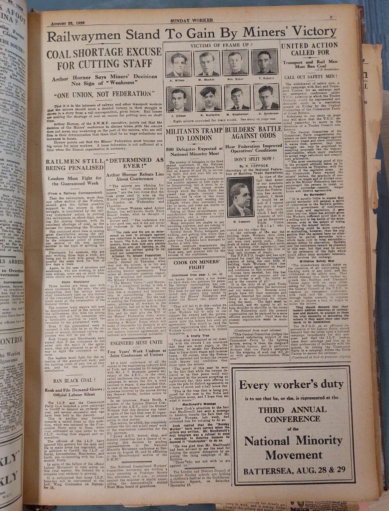 Page from 'Sunday Worker' newspaper, 22 August 1926. Image courtesy of People's History Museum. Black and white newspaper page including text: 'Victims of Frame Up?' above eight black and white headshot photographs with text below: 'eight miners convicted for train smash'.