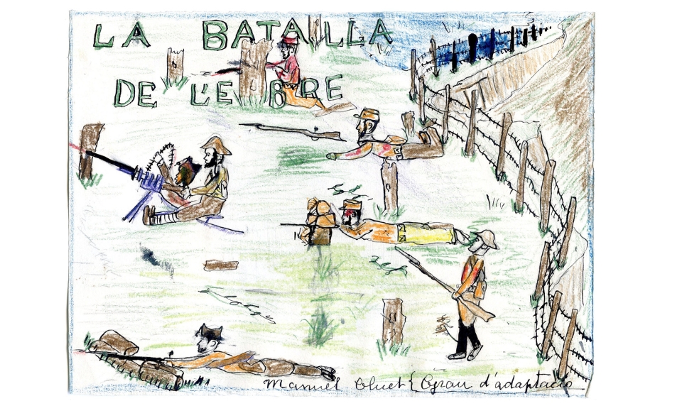 Child's drawing including several figures lying down pointing guns, with text including 'La Batalla De L'ebre' ['the Battle of the Ebro'].