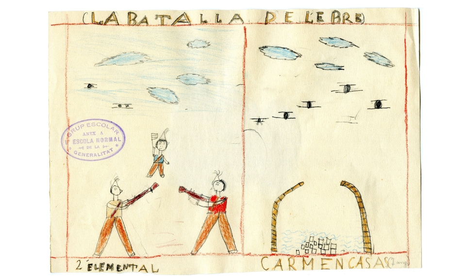 Child's drawing including figures with guns pointed towards a child holding a flag, with text including 'La Batalla De L'ebre' ['the Battle of the Ebro'].