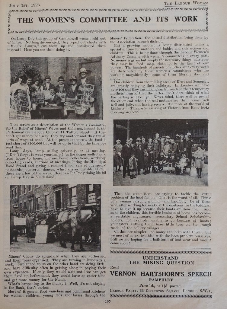 'The Labour Woman' newspaper, page 105, 1 July 1926. Image courtesy of People's History Museum. Black and white photograph of a newspaper page, with the article title text: 'The Women's Committee And Its Work'.