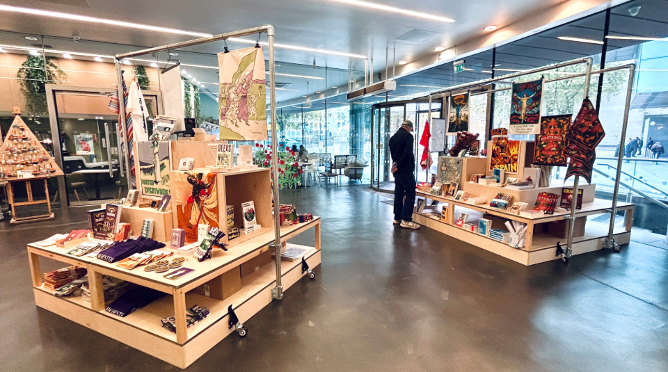Colour photograph of gift shop displays.