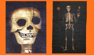 Image of Colour photographs of a painted skeleton on dark blue material.