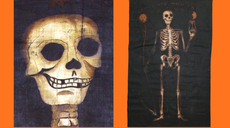 Image of Colour photographs of a painted skeleton on dark blue material.