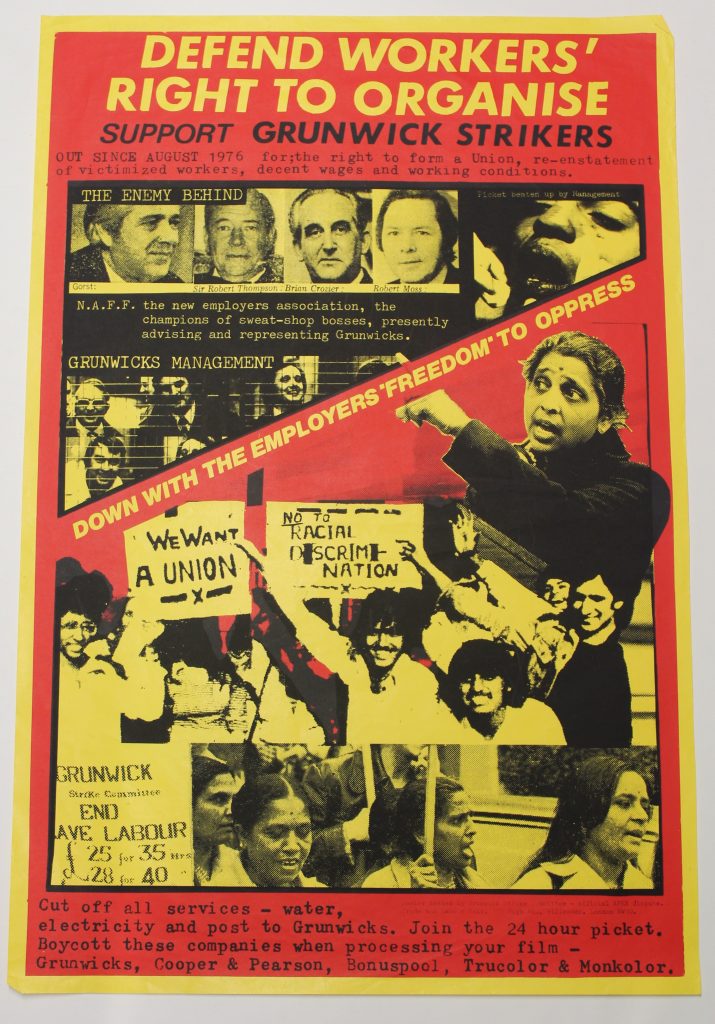 Poster with a red background, black and white photographs of people holding placards, and yellow and black text including: 'Defend Workers’ Right To Organise, Support Grunwick Strikers'.